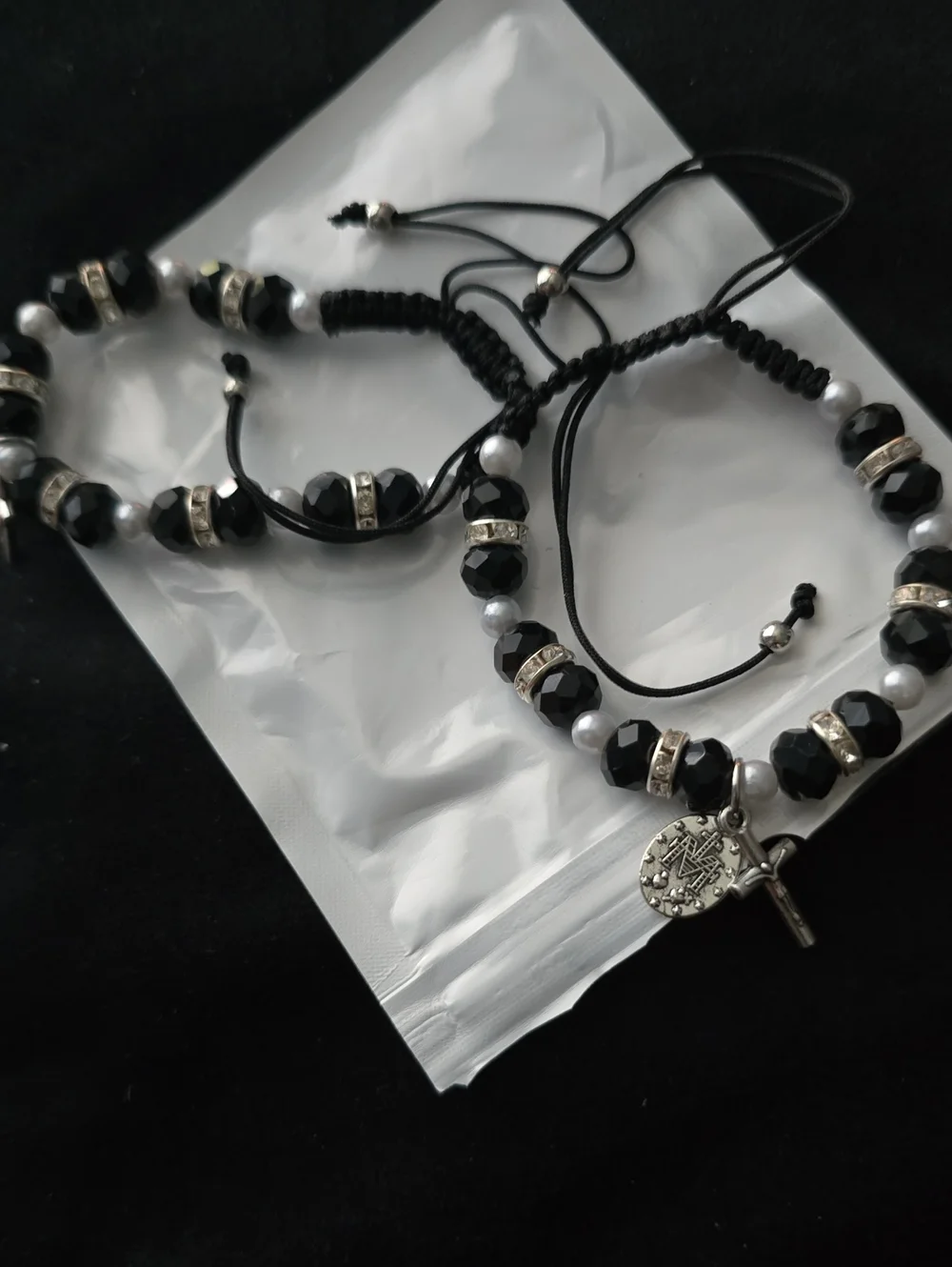 2 Beaded Black Roasary and Silver Charm Bracelet Set
